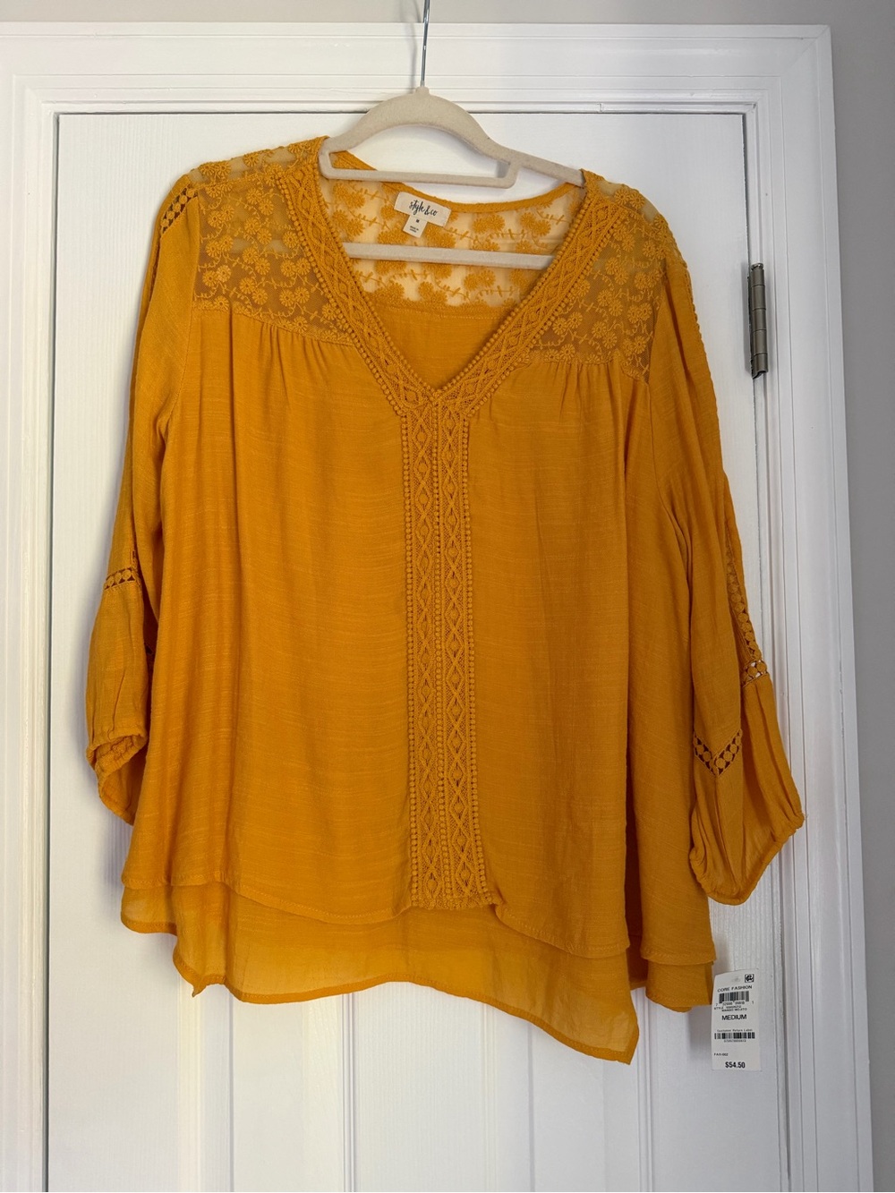 Style & Co. Mustard Lace Yoke V-Neck Blouse
